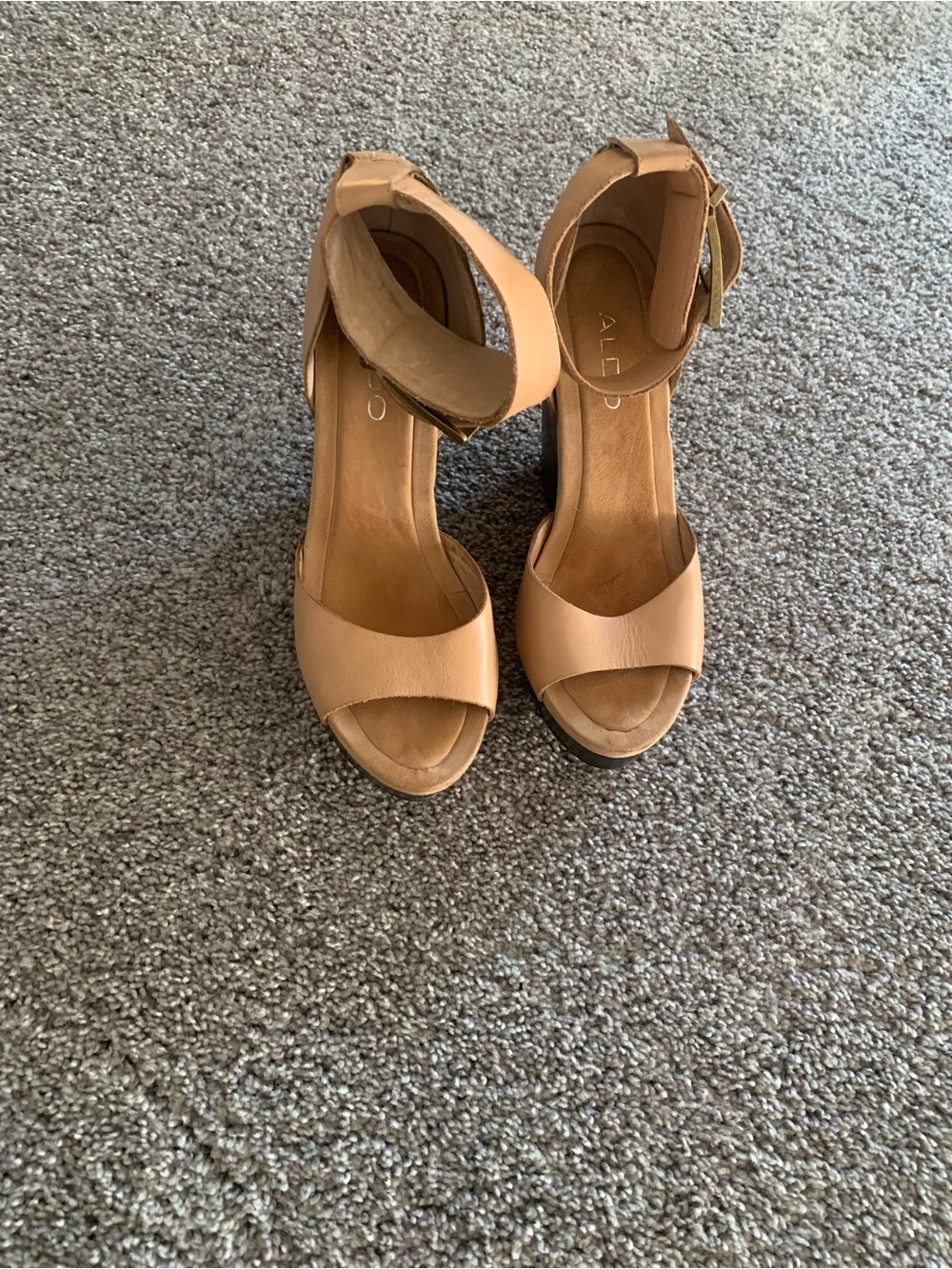 Aldo Beige Leather Ankle-Strap Wedge Sandals